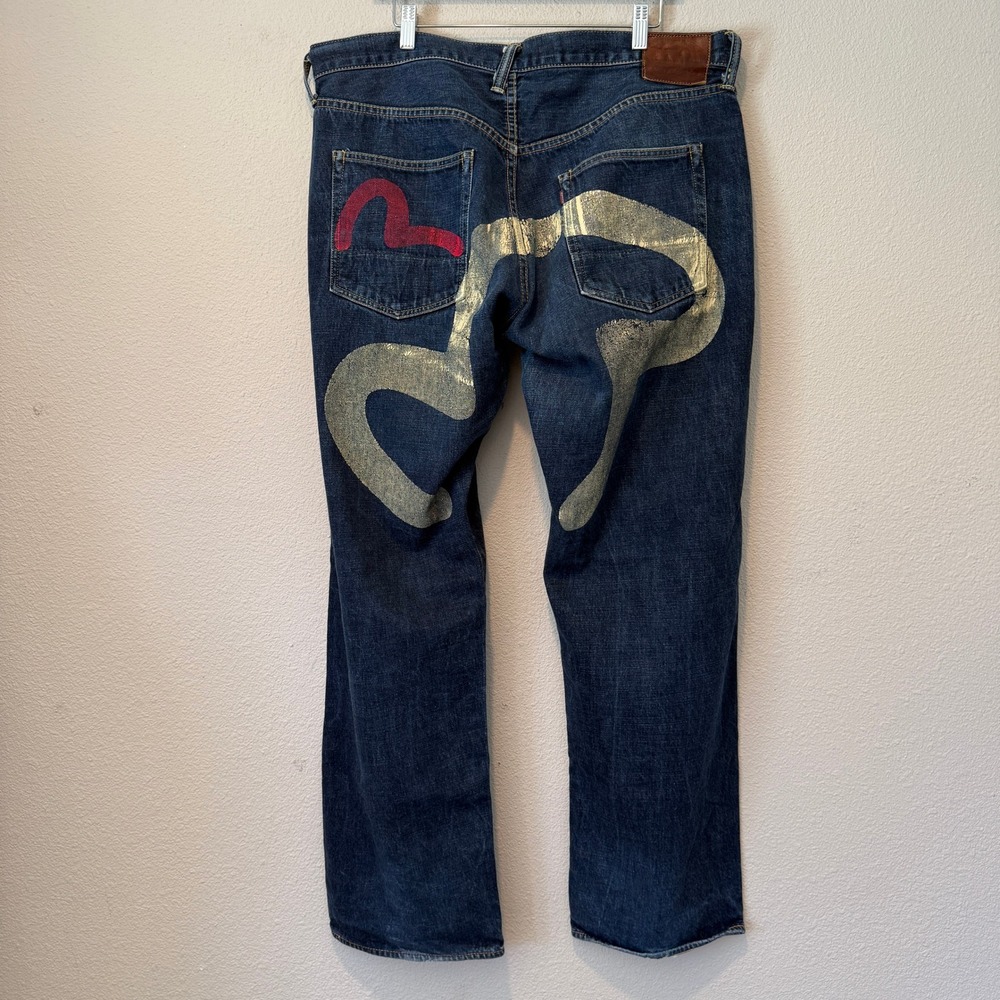 Evisu Genes Mens Dark Wash Painted Seagull Logo Straight Leg Jeans Made in Japan